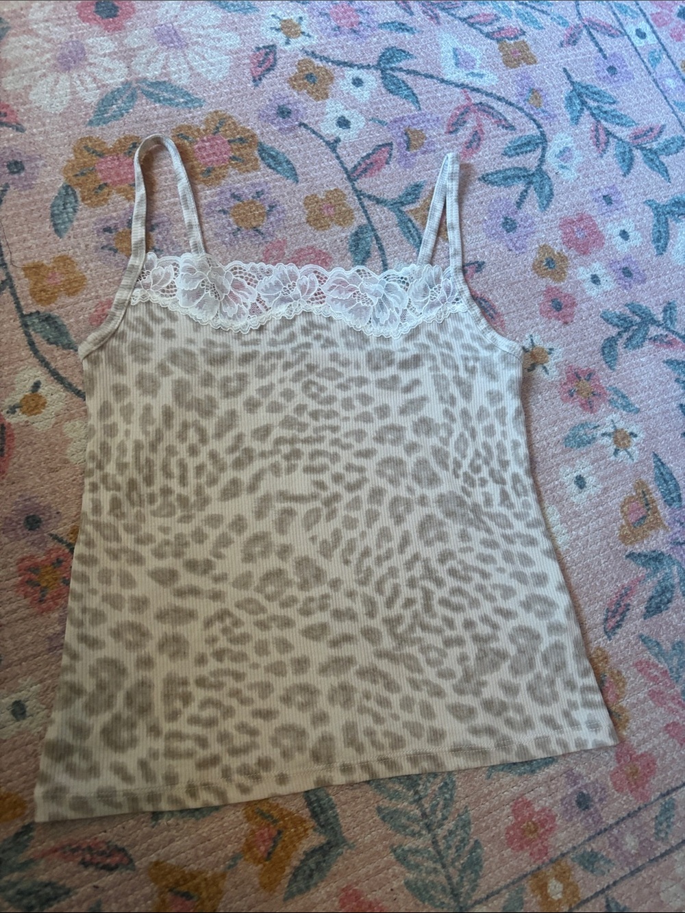 aerie Leopard-Print Lace Trim Cami Tank Top - Beige